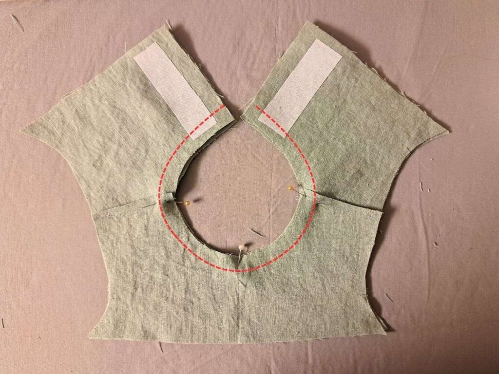 main bodice and bodice lining pinned together with stitching line indcicated