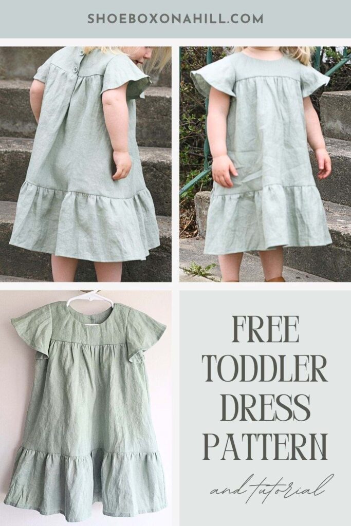 three pictures and text of a little girl wearing a green dress for a free toddler dress pattern
