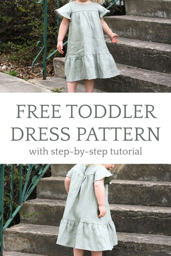 two pictures and text of a little girl wearing a green dress, from the front and back